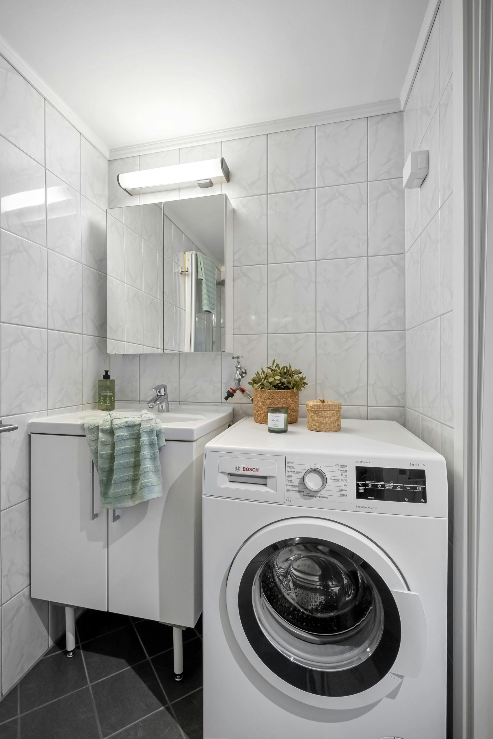 Sleek minimalist laundry room with washer, cabinet, and stylish decor.